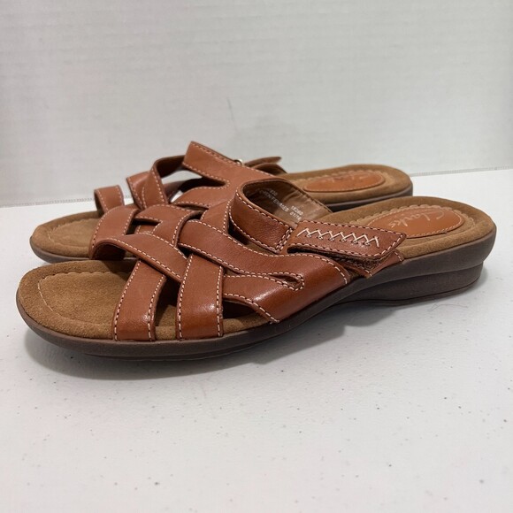 Clarks Reid Newport Women's Cognac Leather Strappy Slide Sandals Size 6 M - Picture 2 of 10